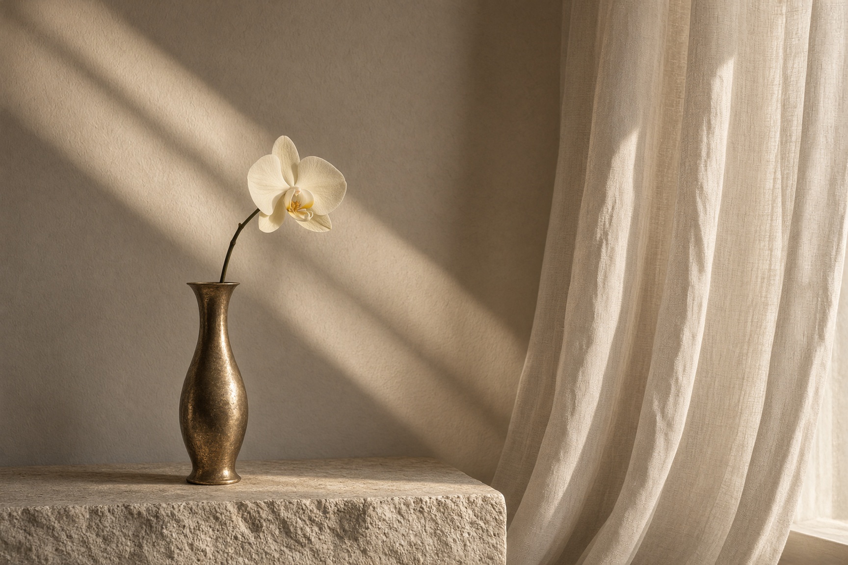 Luz de mañana sobre un muro de yeso y una orquídea