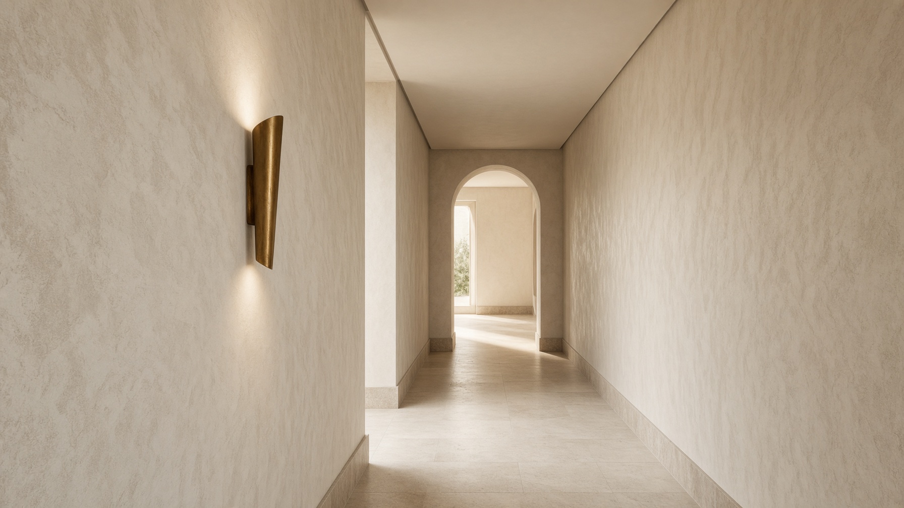 Pasillo privado de Clínica Atelier, luz natural al fondo